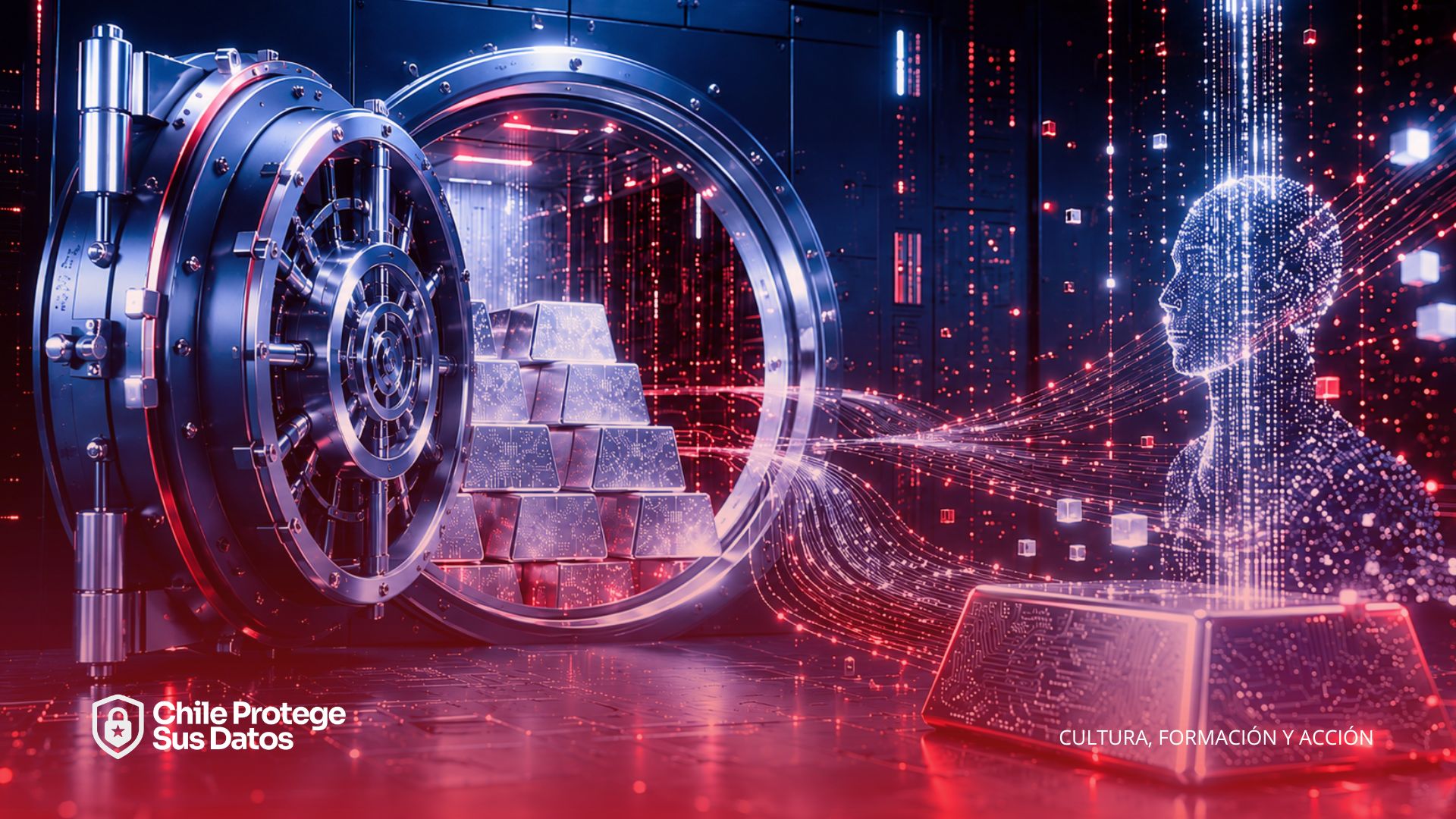 Bóveda tecnológica protegiendo datos valiosos representados como activos digitales.