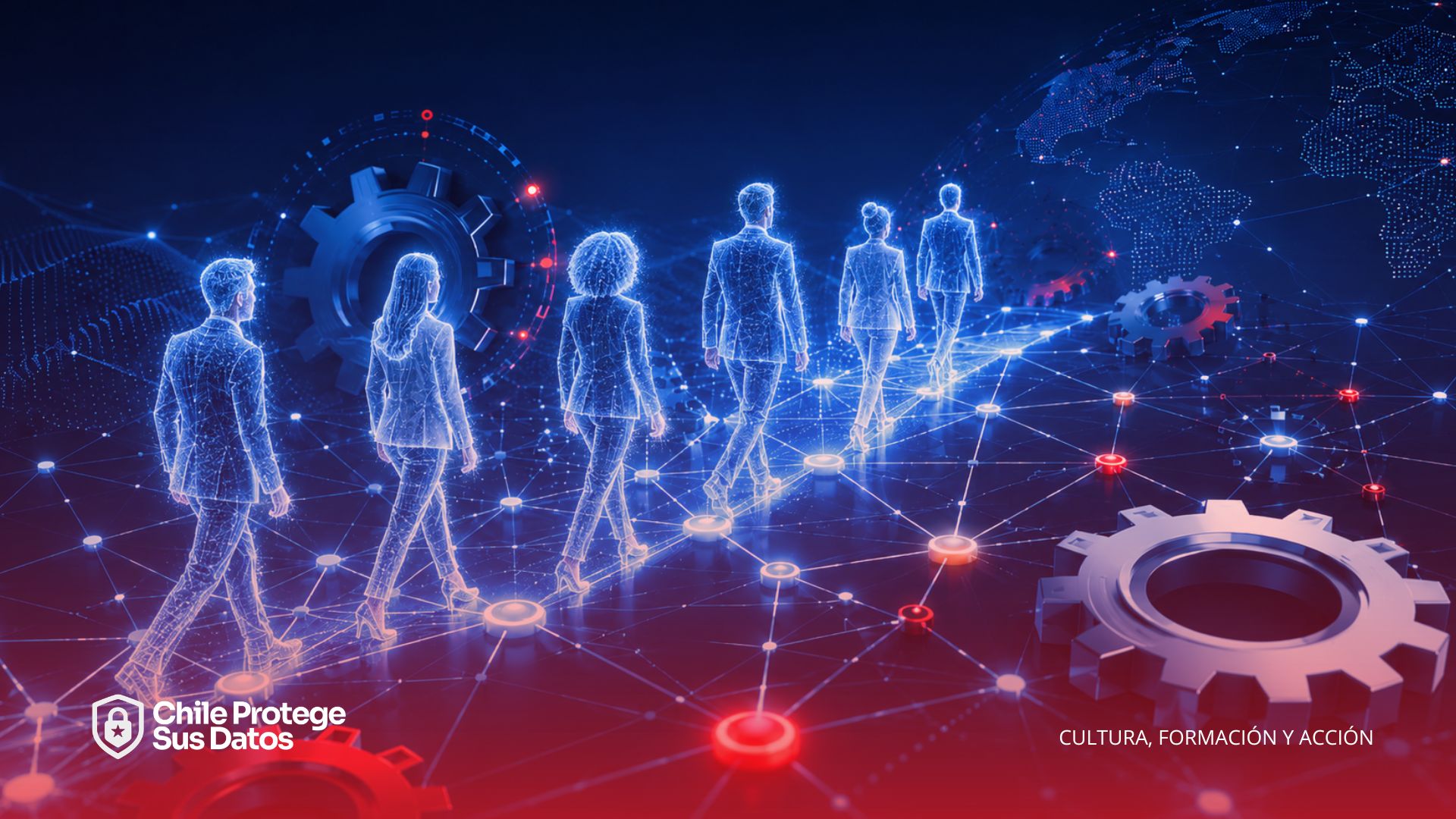 Siluetas holográficas avanzando sobre una red de datos con engranajes digitales.