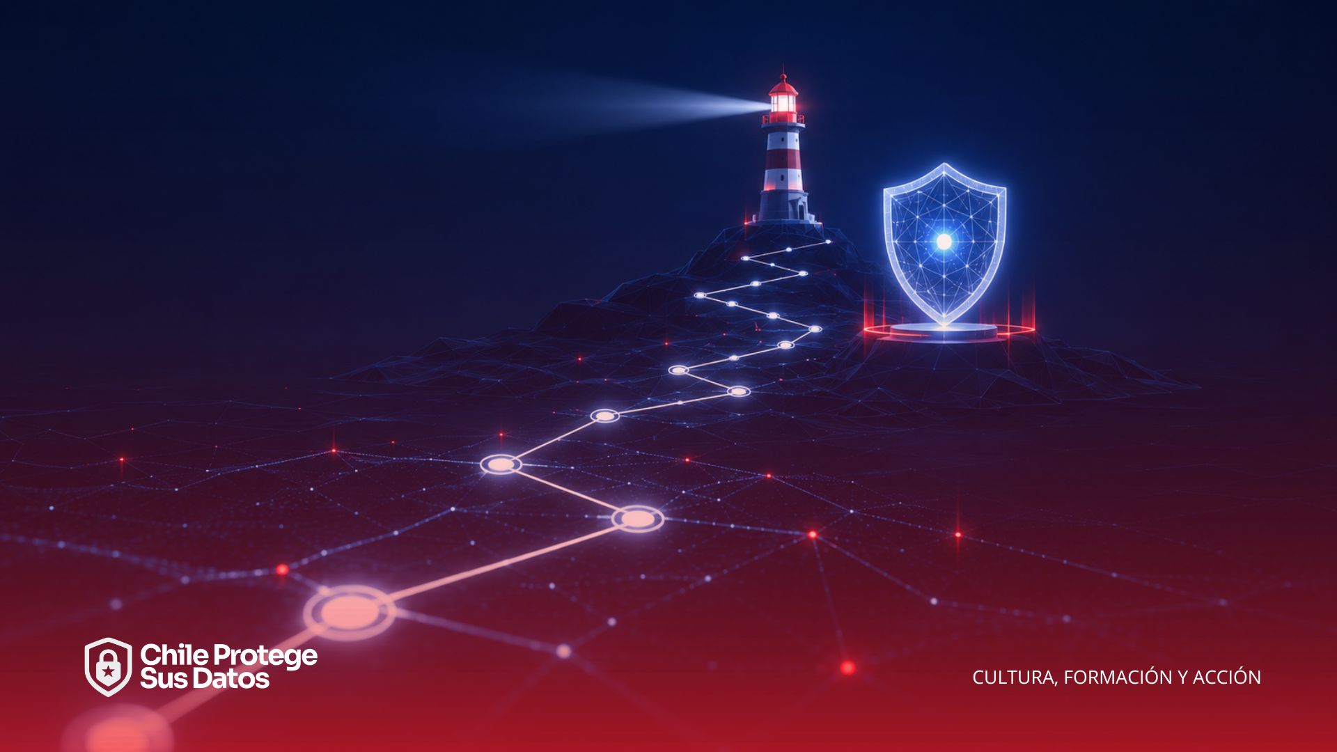 Imagen conceptual de una ruta digital con nodos conectados a un faro y un escudo de protección de datos.