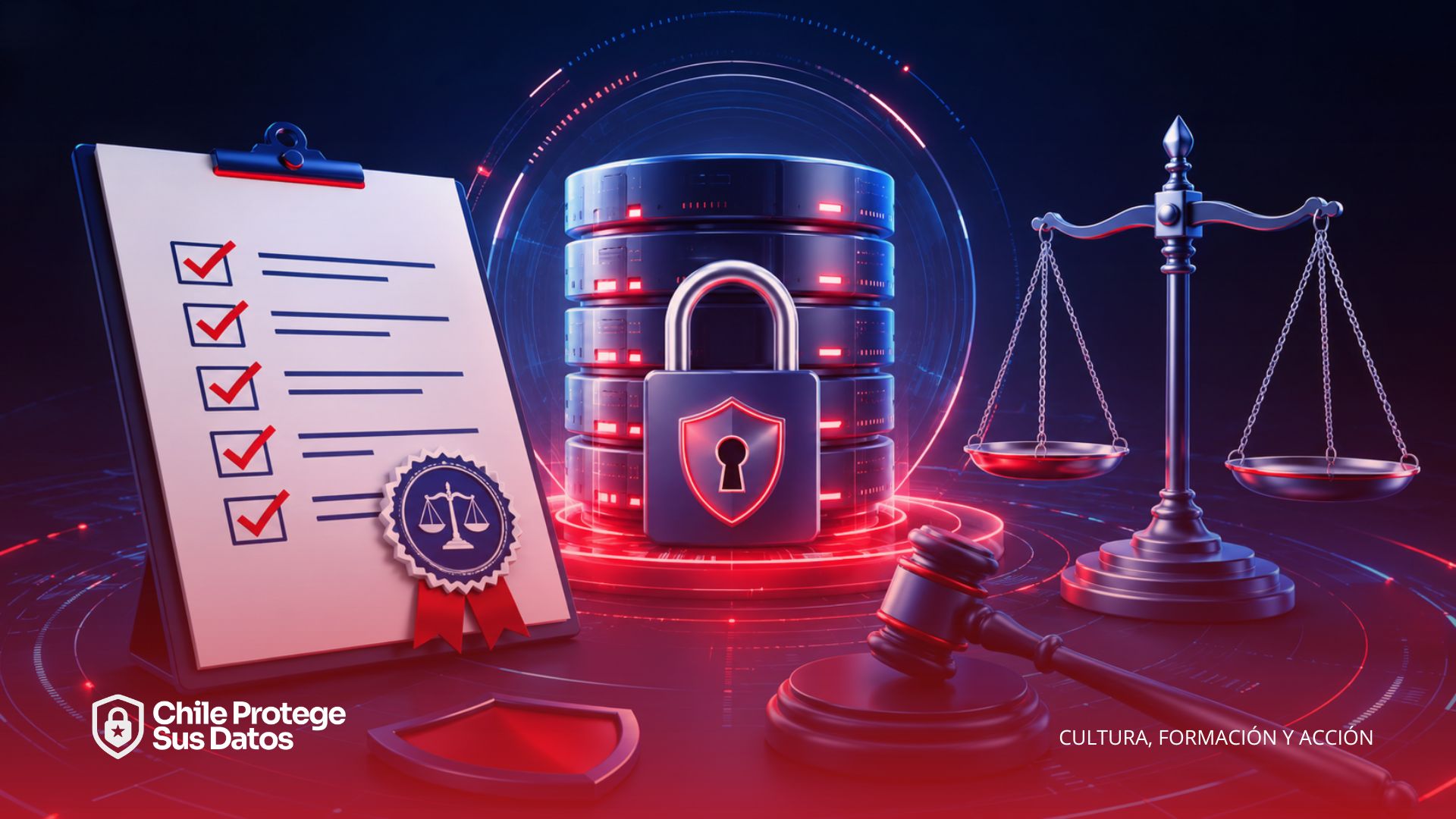 Documento legal con checklist, sello de aprobación, balanza de justicia y candado sobre base de datos.