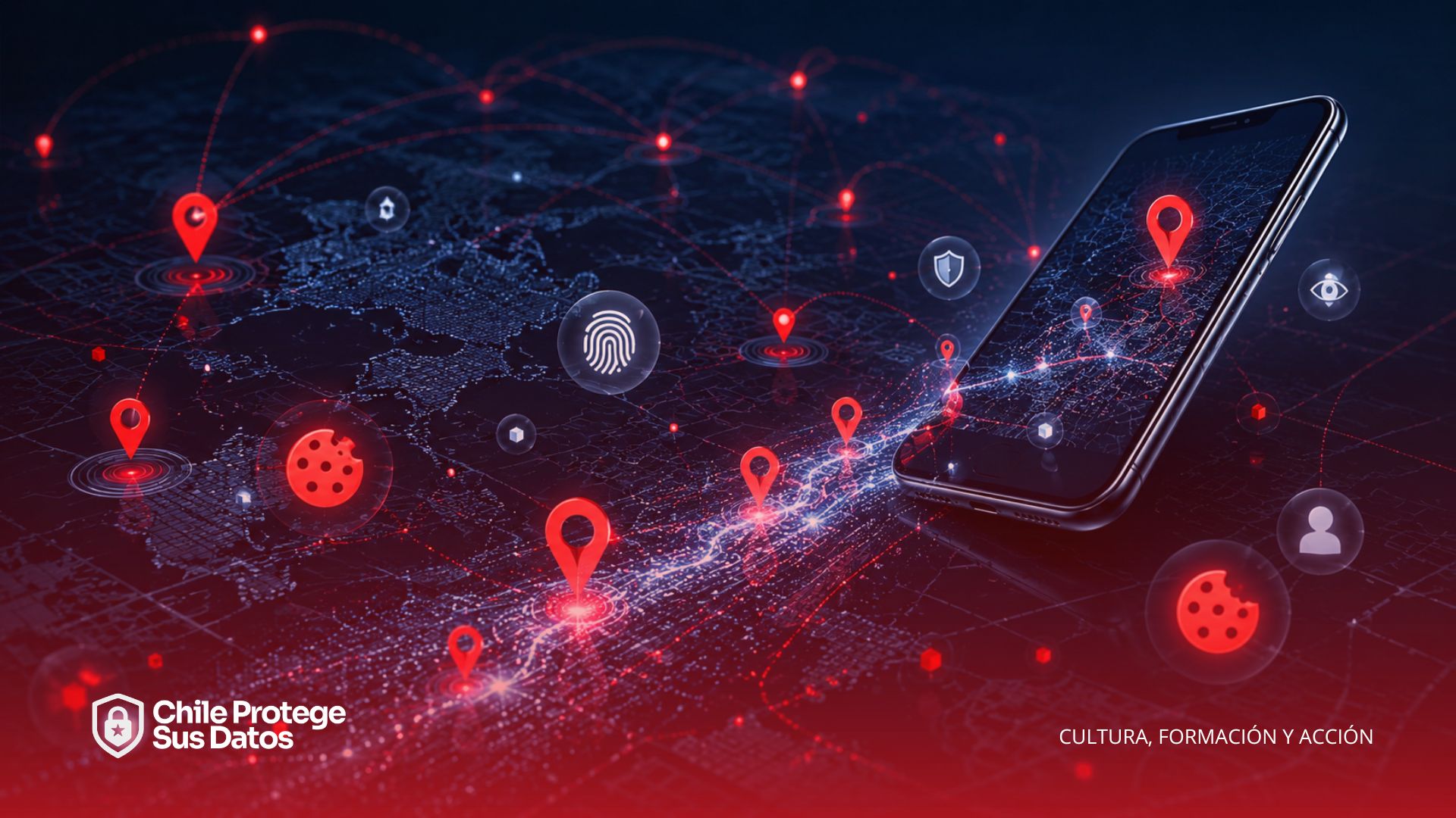 Mapa digital con teléfono móvil, puntos de ubicación, huellas digitales y cookies de rastreo.