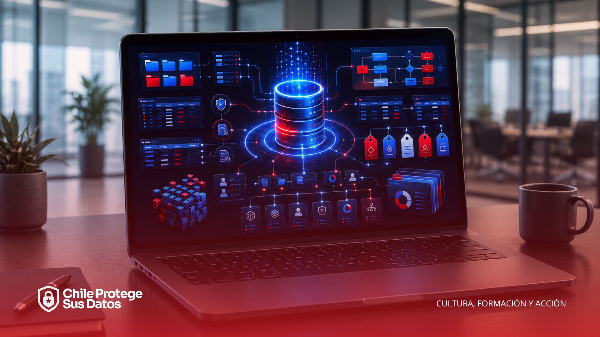 Laptop con dashboard de inventario de datos, carpetas, tablas y flujos conectados a una base central.